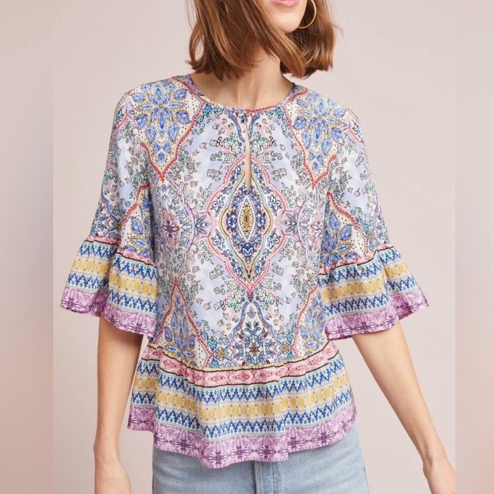 Anthropologie Kachel Lynn Silk Swing Peplum 3/4 Bell Sleeve Multicolor Top Sz 6